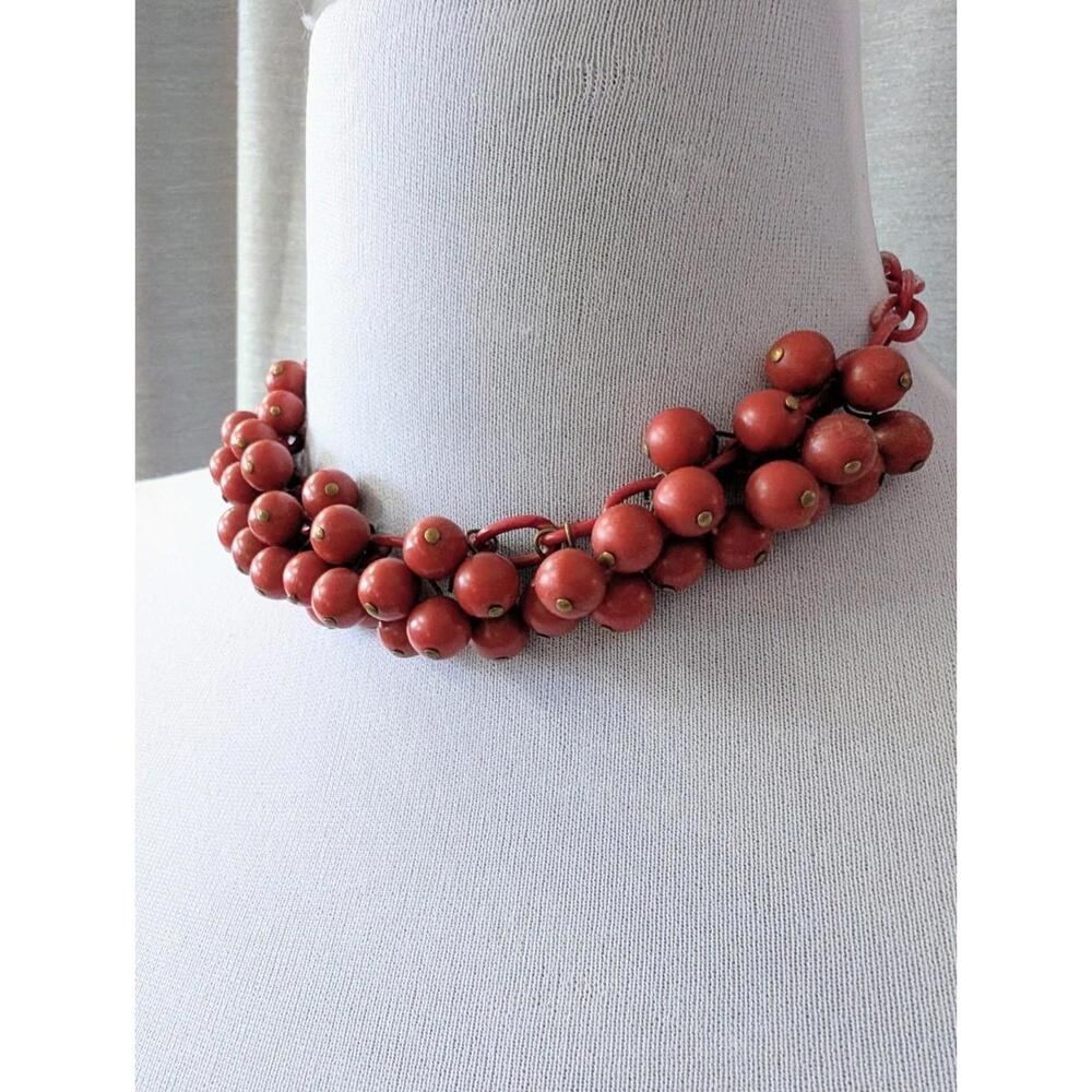 Vintage 50s 60s  Red Plastic Beaded Cluster Necklace Choker